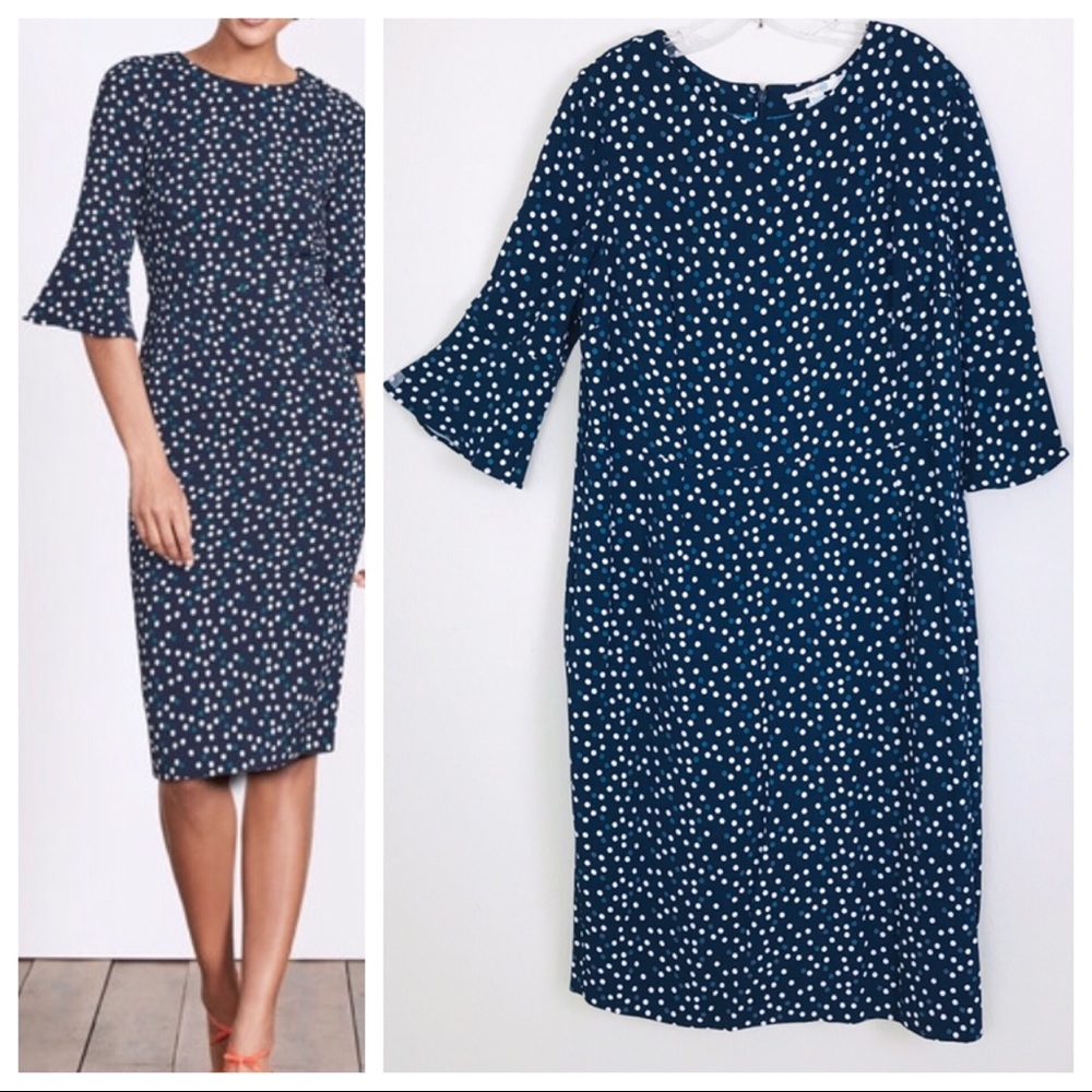 Boden Fluted Sleeves Polka Dot Sheath Delia Dress Midi Modest Pretty Plus Size
